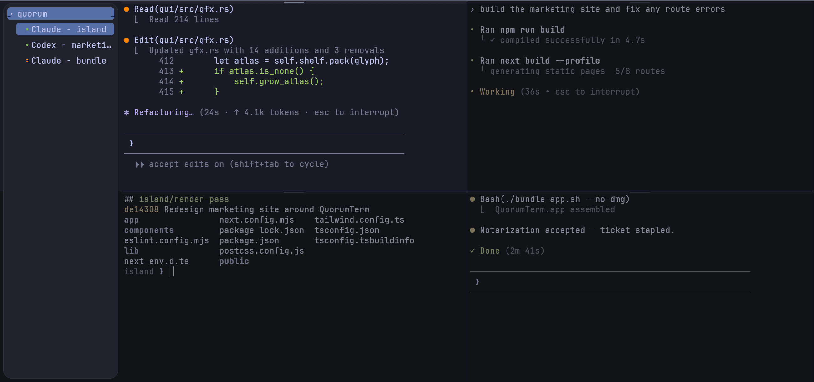 QuorumTerm running four panes: a Claude Code session mid-refactor, a Codex session building the marketing site, a finished bundling session, and a shell — with every agent listed in the sidebar.